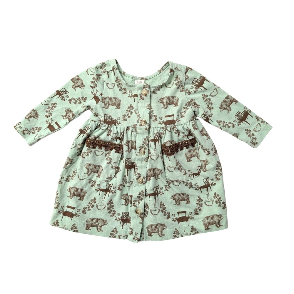 Kate Quinn Goldilocks Dress Organic Cotton Mint Green Brown Bears & Chairs 6-12M